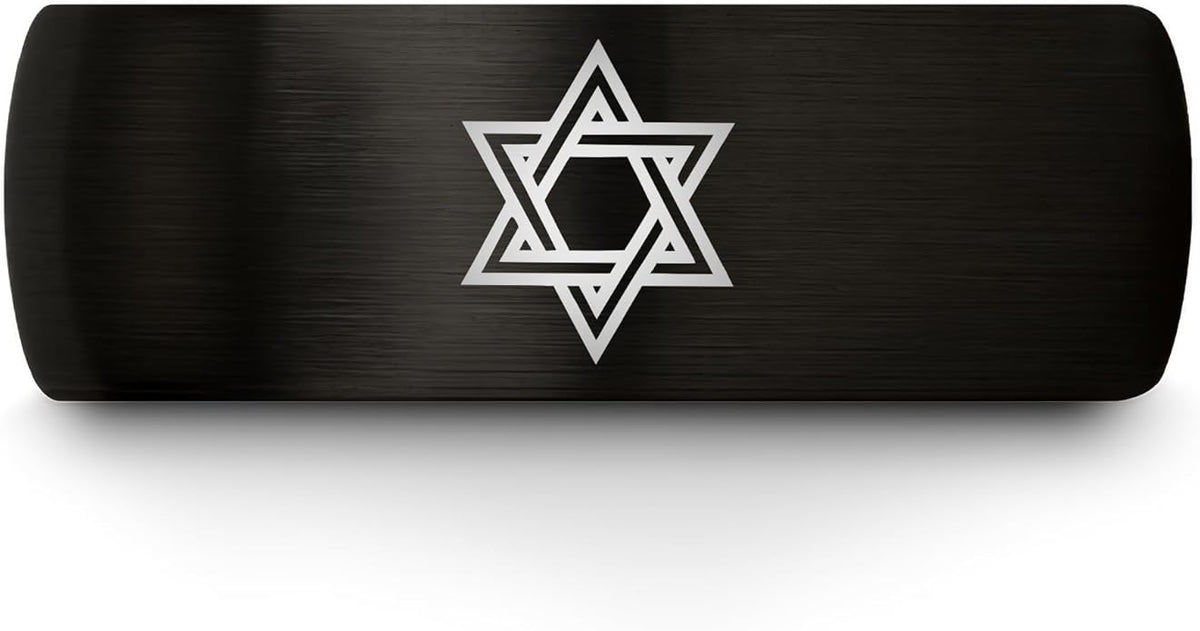 Mezuzah star Of David Ring - Gift for Jewish Family - Flat Dome Bevel - 8mm - Men Women - Yellow Gold Black Silver Blue - Anniversary Wedding - Personalized Custom Engraving - Band - Brushed Polished