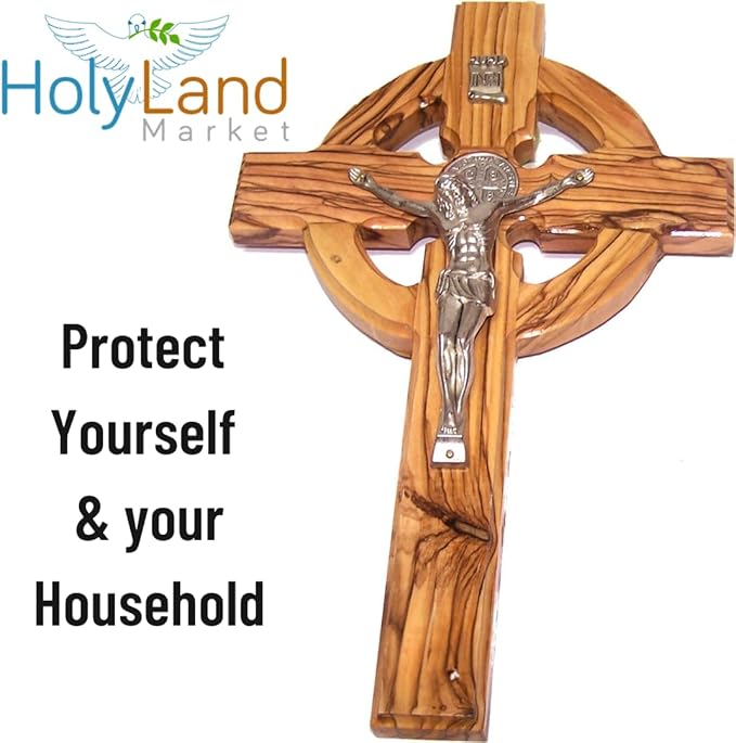 Holy Land Market 10" Celtic Olive Wood Wall Crucifix – Handmade in Bethlehem with Metal Saint Benedict Medal (Front & Back), Certificate, Prayer Card & Medal Explanation – Solid Olive Wood Cross