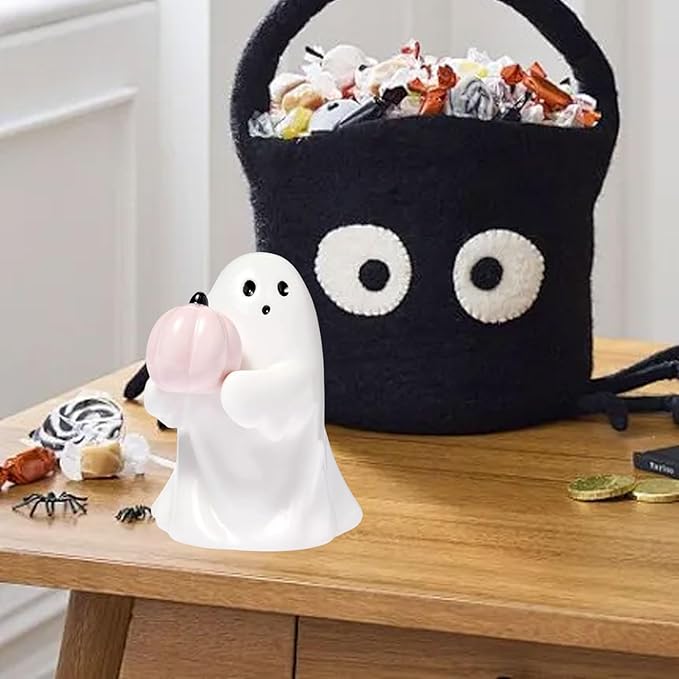 Halloween Ghost Figurine with Holding Pink Pumpkin, Funny Resin Ghost Statue Halloween Decor for Bookshelf, Terrace, Bedroom,Porch and Tabletop