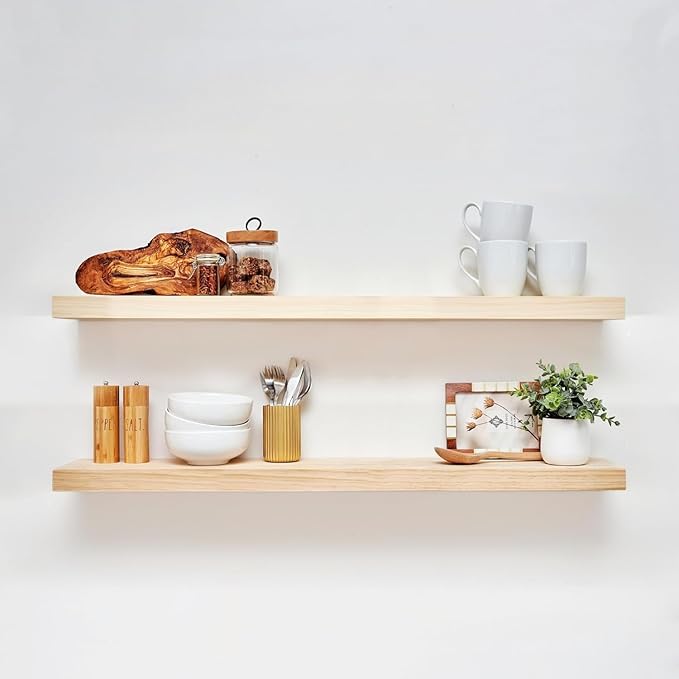 Homeforia 42 inch Natural Floating Shelf, High End Solid Real Wood 42inch Small Floating Shelves for Wall Mounted, Natural Wooden Floating Shelves, Heavy Duty Bracket, 42 X 6.5 X 1.75 in, Set of 3