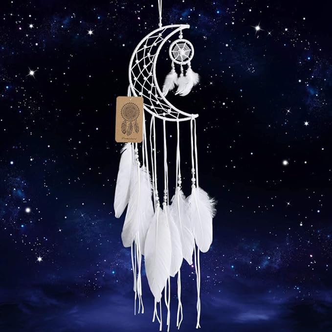 Dremisland Dream catcher New Moon Design Handmade White Feather Wall Hanging Home Decoration Ornament Craft Gift (White Moon)