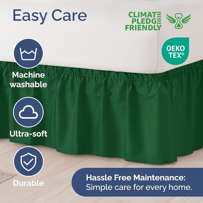 Wrap Around Dust Ruffle Bed Skirt - Emerald - for King Size Beds w/ 15 Inch Drop - Easy Fit Elastic Strap - Adjustable Pleated Bedskirt w/Brushed Fabric - Wrinkle Free - for Women, Men, Kids & Teens