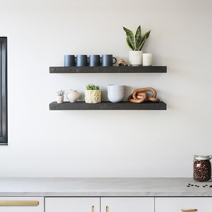 Urban Legacy Reclaimed Barnwood Planks | Floating Shelves for Wall w/Flush Mount Shelf Bracket Set Included | Set of 2 (Coffee Bean, 24"x 4.5"x 2")