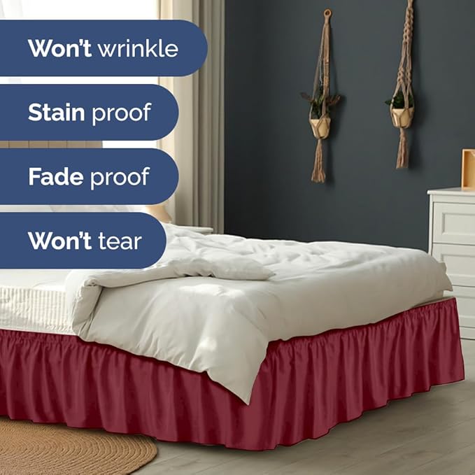 Wrap Around Dust Ruffle Bed Skirt - Burgundy - for King Size Beds with 15 Inch Drop - Easy Fit Elastic Strap - Adjustable Pleated Bedskirt w/Brushed Fabric Wrinkle Free - for Women, Men, Kids & Teens