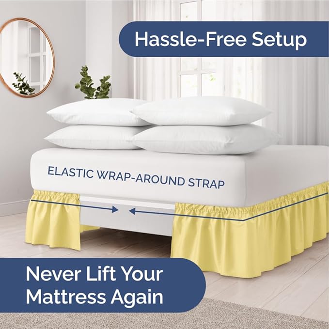 Wrap Around Dust Ruffle Bed Skirt - Yellow - for Queen Size Beds with 15 Inch Drop - Easy Fit Elastic Strap - Adjustable Pleated Bedskirt w/Brushed Fabric Wrinkle Free - for Women, Men, Kids & Teens