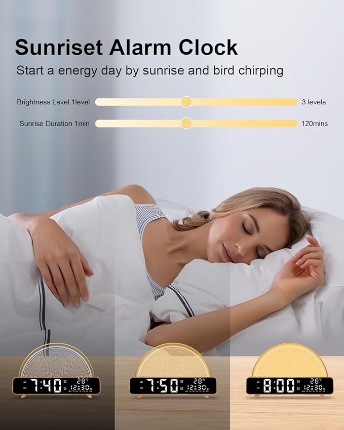 Sunrise Alarm Clock Wake Up Light with Sunrise Simulation White Noise Machine Touch Control Bedside Lamps Colors Atmosphere Lamp 30/60/90 Sleep Timer 13 Nature Sounds