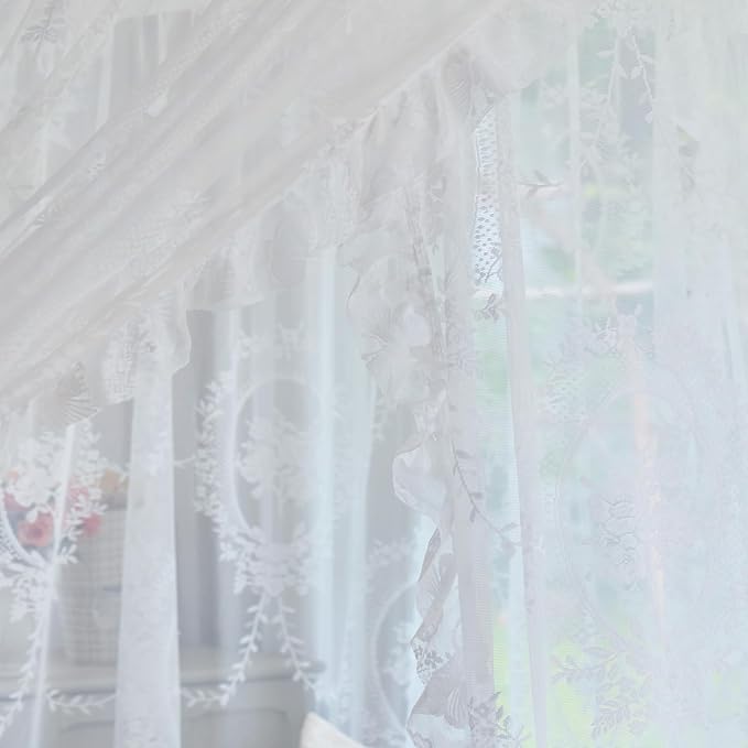 AIKASY Elegant Lace Princess 4-Poster Bed Canopy Mosquito Net - Romantic Wedding Bridal Bedroom Decor, Kids Room Bed Curtain for Women Adults - (White-2,King)