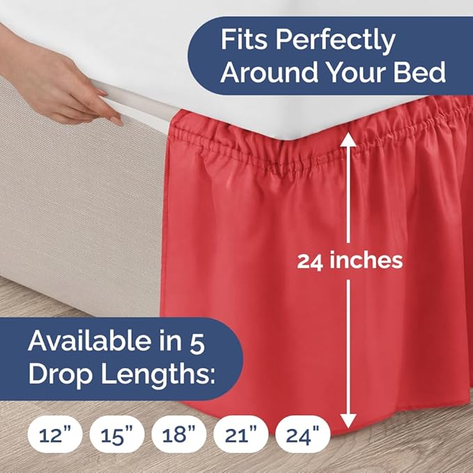 Wrap Around Dust Ruffle Bed Skirt - Red - for Full Size Beds with 24 Inch Drop - Easy Fit Elastic Strap - Adjustable Pleated Bedskirt w/Brushed Fabric - Wrinkle Free - for Women, Men, Kids & Teens