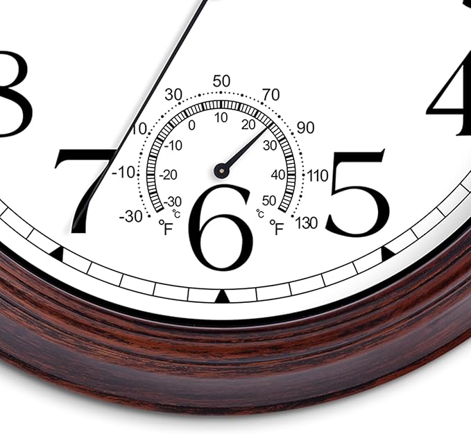 10 Inch Outdoor Wall Clock with Thermometers, Vintage Silent Wall Clocks Battery Operated, Retro Non-Ticking Clock Decorative for Living Room, Patio, Kitchen, Office, Bathroom, Bedroom(Bronze)