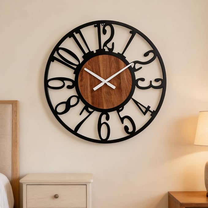 32 Inch Oversized Industrial Farmhouse Wall Clock, Wood & Matte Black Iron Frame, Artful Numerals Non Ticking Battery Operated, Decorative Statement Piece for Large Living Room Foyer Home Décor