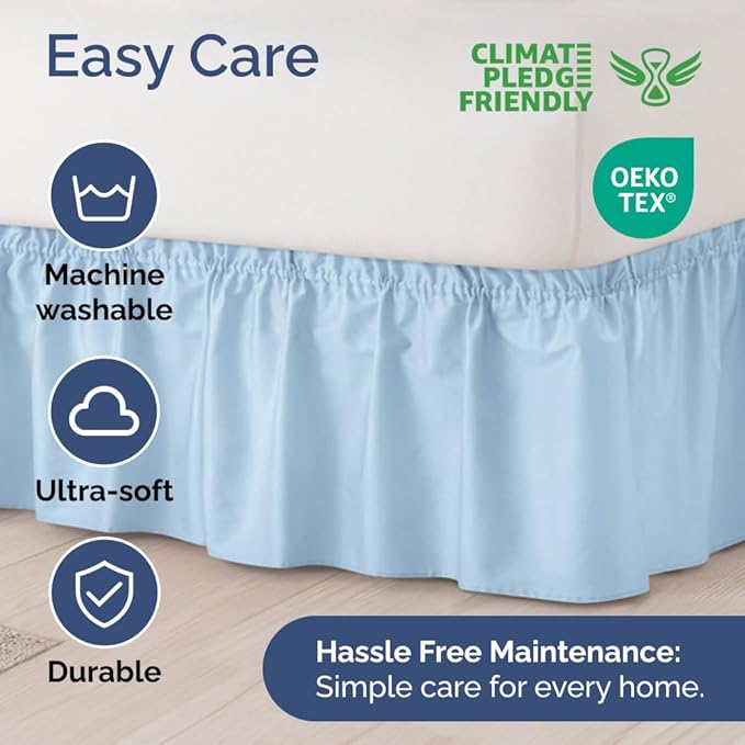 Wrap Around Dust Ruffle Bed Skirt - Light Blue - for Full Size Beds with 21 Inch Drop - Elastic Strap - Adjustable Pleated Bedskirt with Brushed Fabric and Wrinkle Free - for Women, Men, Kids & Teens