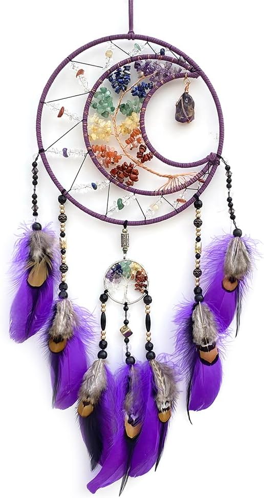7 Chakras Dream Catchers Moon Tree of Life Dream Catcher Violet Feather Dreamcatcher Wall Decor with Rainbow Healing Crystal Stone Wall Art Hanging for Bedroom Home Decor Bless Gift Wedding Party