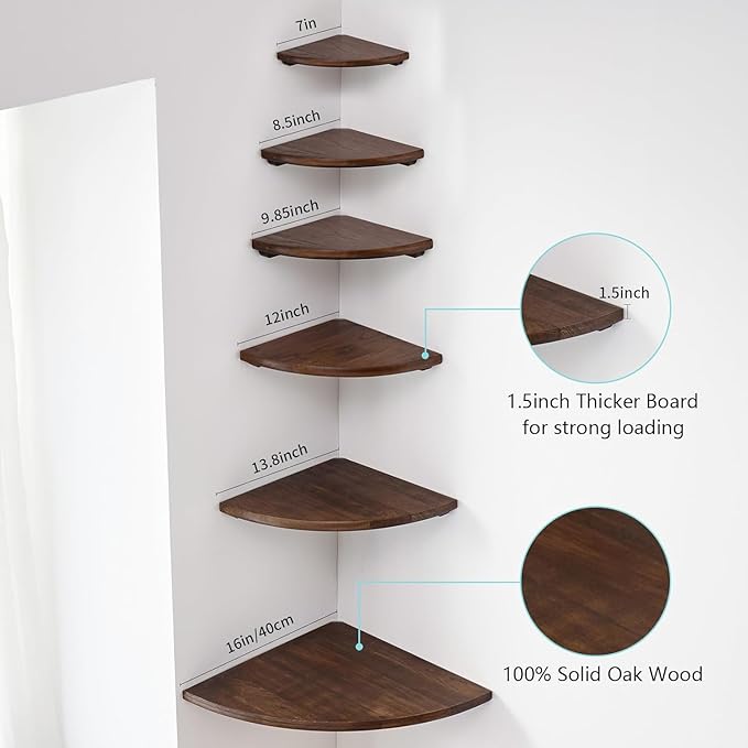 Corner Shelf,12inch Walnut Solid Wood Floating Corner Shelves Wall Mount Round End Floating Speaker Rack with Wire Hole for Small Plant for Bedroom Kitchen