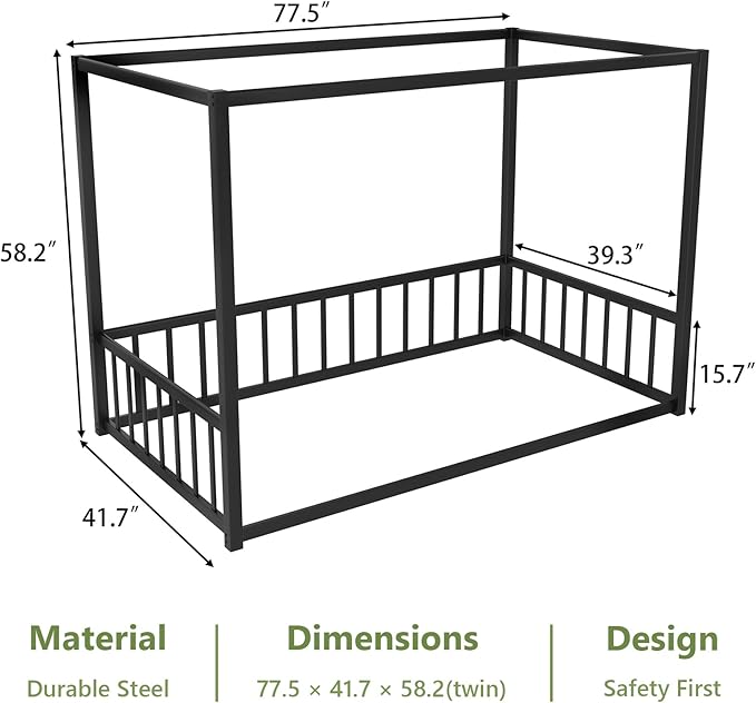 Canopy Floor Bed for Kids – Twin Size, Matte-Black Steel Frame with Safety Fence, Unisex Design for Boys & Girls, Box Spring Required, Quick Assembly (Twin)