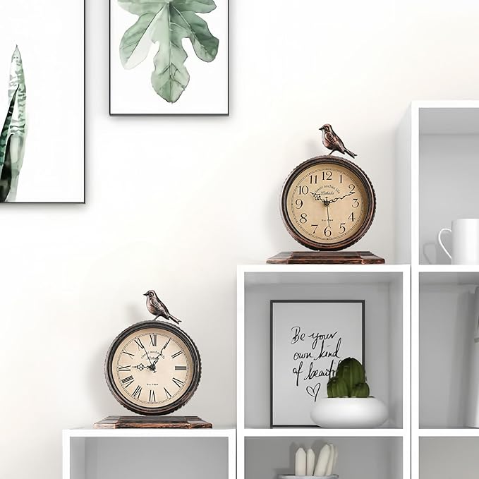 8-Inch Antique Mantel Clocks for Living Room, Retro Table Metal Silent Clocks for Fireplace, Easy to Read Decorative Mantel Clocks with Top Bird for Bedroom, Office, Desktop (Roman Numerals)