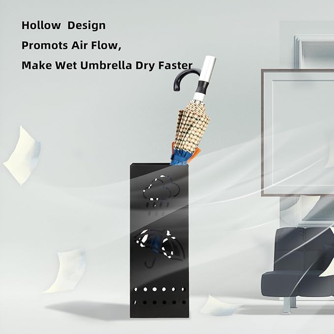 Umbrella Stand Rack for Entryway, Black Square Metal Umbrella Holder, Free Standing Umbrella Storage Organizer Bin with for Home Office Hotel Decor, 6 x 6 x 17 Inch, Hold 6 Umbrellas