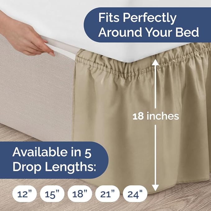 Wrap Around Dust Ruffle Bed Skirt - Beige - for King Size Beds with 18 Inch Drop - Easy Fit Elastic Strap - Adjustable Pleated Bedskirt w/Brushed Fabric - Wrinkle Free - for Women, Men, Kids & Teens
