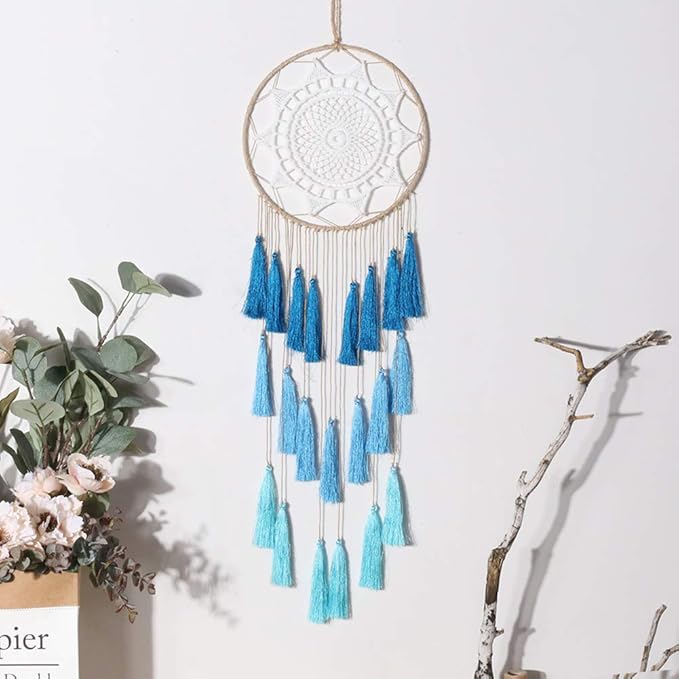 Artilady Macrame Dream Catchers for Bedroom - Tassel Wall Hanging Handmade Dreamcatchers Home Decor with Tassel Feather Ornament Craft Blessing Gift (Blue)