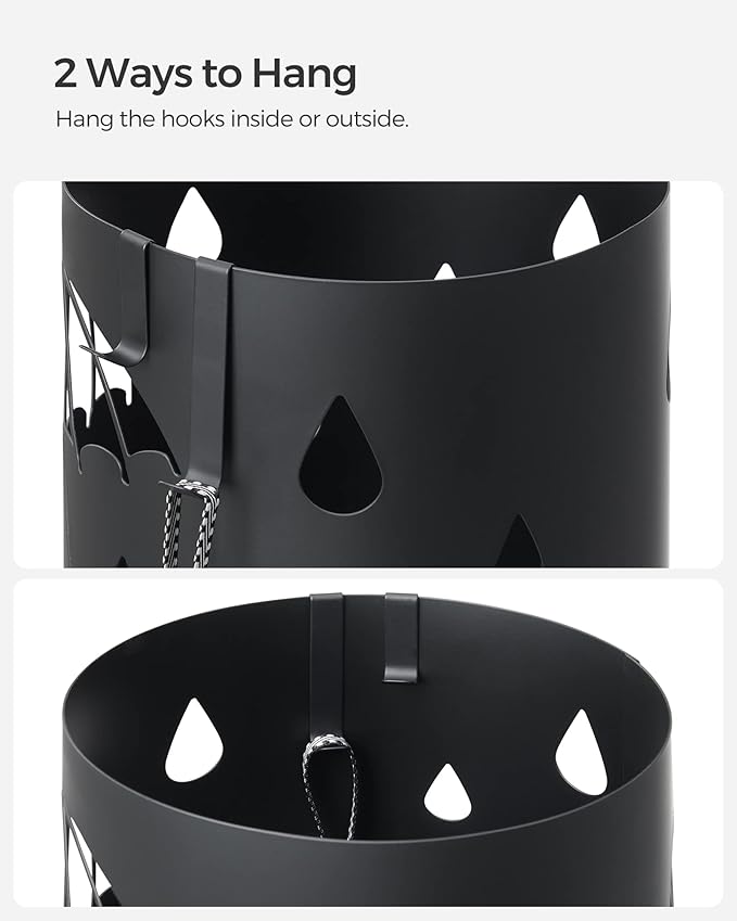SONGMICS Umbrella Stand, Metal Umbrella Holder for Entryway, with Water Tray and 4 Hooks, 6.7 x 6.7 x 16.1 Inches, Round, Ink Black ULUC024B01