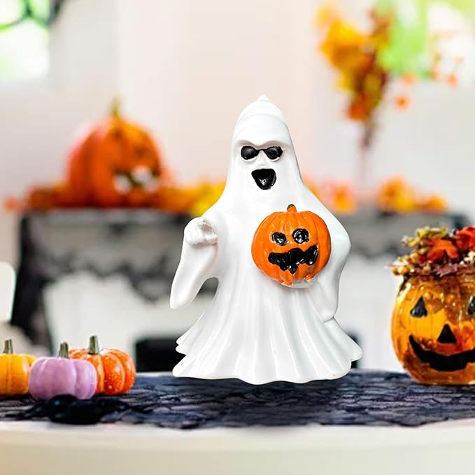 1 Pcs Halloween Ghost Figurine Decor with Pumpkin Cute Resin Ghost Statue, Funny White Sculpture Ghost Decor for Spooky Halloween Home Mantel Tabletop Decorations Indoor