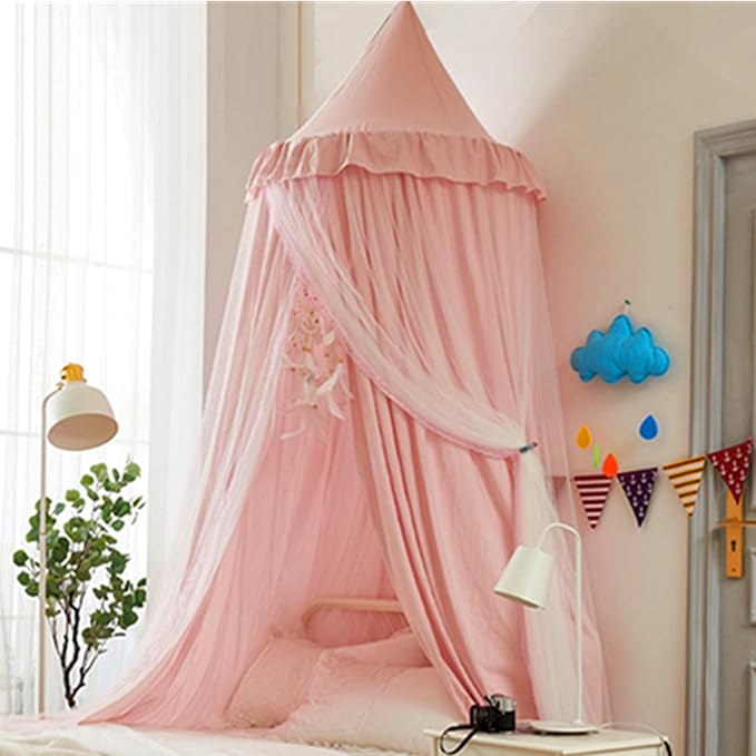 VETHIN Bed Canopy for with Lights,Double Layer Princess Round Dome Dreamy Mosquito Net Bedding Girls Room Castle Play Tent Hanging House Decor Reading Nook Canopies(Beige Pink/White)