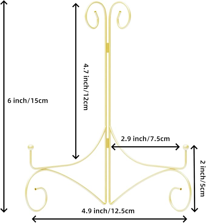 Plate Stand for Display with Hinged Folding Design, 6 Inch Picture Stands for Tables, Small Easels for Displaying Book, Art Piece, Photo and Platter, 6’’ Gold, 2-Pack