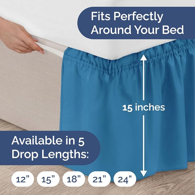 Wrap Around Dust Ruffle Bed Skirt - Denim Blue - Twin/Twin XL Size Beds with 15 Inch Drop - Elastic Strap- Adjustable Pleated Bedskirt with Brushed Fabric and Wrinkle Free - Women, Men, Kids & Teens