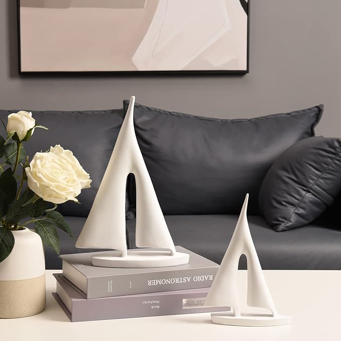 Modern Sculptures Home Decor, Sailboat Decor Ornament, Boat Decorations Statue Decor, Art Sculptures and Statues, Sailboat Gifts Home Office Bathroom Shelf Decor (White-2 Pack)