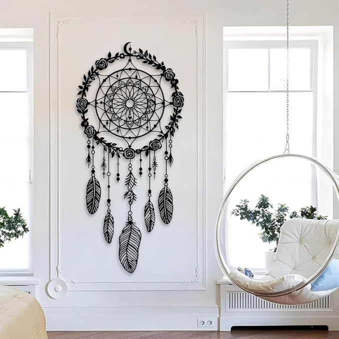 Maclou Metal Dream Catcher Wall Decor, Metal Feather Wall Art, Boho Dream Catcher Wall Decor for Living Room, Bedroom, Girls Room (Silver,53x25 inch / 135x63 cm)