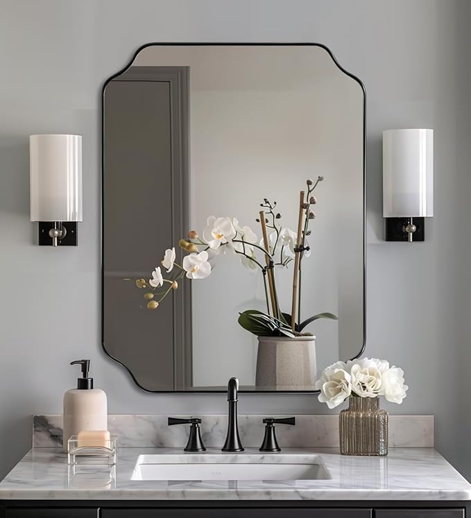 ANDY STAR Unique Rectangle Wall Mirror, 24"x32" Black Mirror, Modern Mirror with Aesthetic Scalloped Edge Design Ideal for Bathroom, Bedroom or Entryway, Thin Frame Deep 1’’