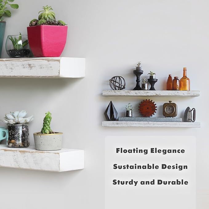 Urban Legacy Reclaimed Barnwood Planks | Floating Shelves for Wall w/Flush Mount Shelf Bracket Set Included | Set of 2 (White Wash, 30"x7"x 2")