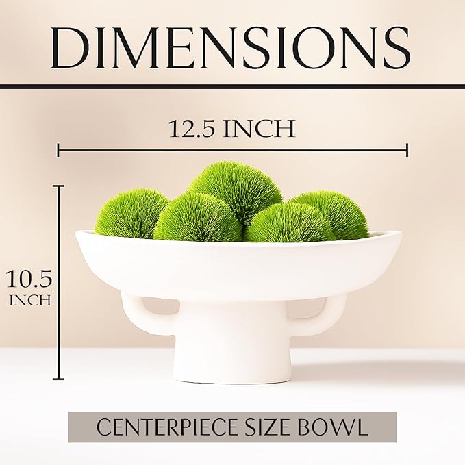 Luxurious White Textured Ceramic Bowl and Greenery Set,12.5x10.5 Inch Pedestal Decorative Bowl, with 6 Green Succulent Moss Balls, Counter Top, Farmhouse Table Centerpiece, Living Room, Kitchen Decor