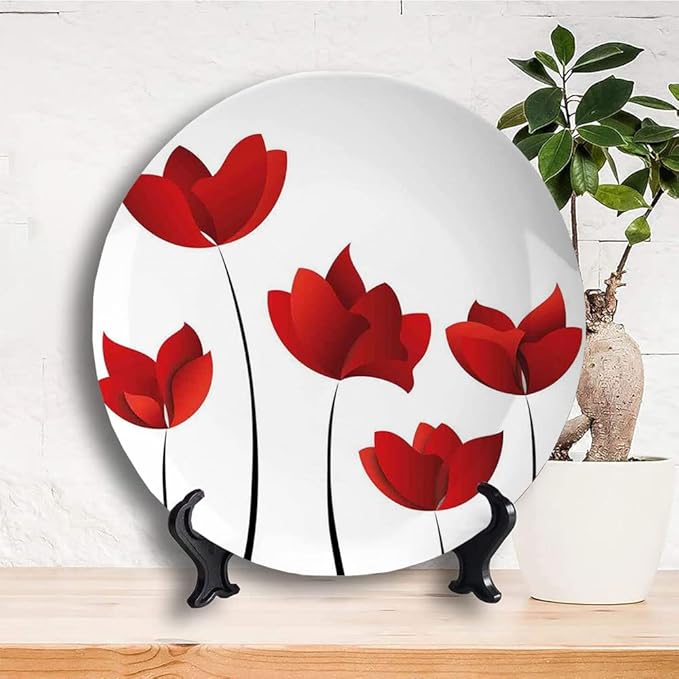 Ceramic Plates, Floral Decorative Ceramic Plates, Valentines Rose Petals Vivid Blossoms Florets, 6 Inch, Household Plates Decorative, Red