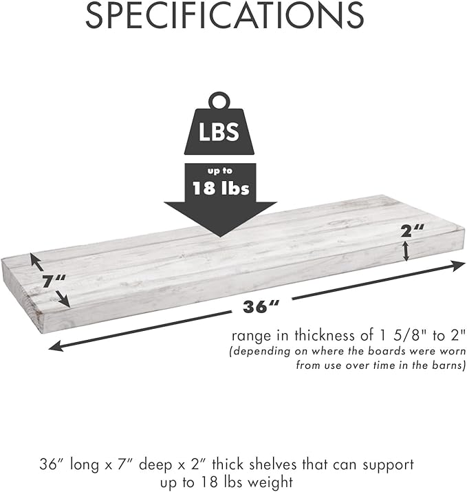 Urban Legacy Reclaimed Barnwood Planks | Floating Shelves for Wall w/Flush Mount Shelf Bracket Set Included | Set of 2 (White Wash, 36" x 7"x 2")