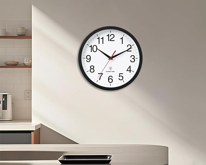 Atomic Wall Clock, Modern 10 Inch Battery Operated Wall Clocks, Analog Clock for Living Room, Office, Home, Bedroom, Kitchen, Bathroom(Black)