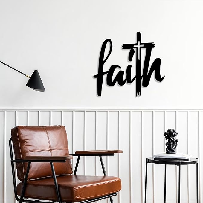 Faith Cross Metal Wall Sign, Faith Metal Wall Decor, Christian Cross Wall Decor, Religious Art Wall Decor, Spiritual Wall Art, Metal Wall Art, Wall Decor for Living room, Church (43"x39" | 110x100cm, White)