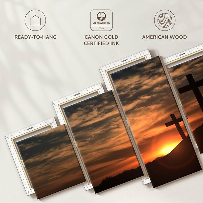 Elephant Stock Cross Silhouettes Wall Art Multi Piece Canvas - 5 Panel Christian Pictures Decor - Digital Design Canvas Print - Christian Wall Decor - 36" X 15"