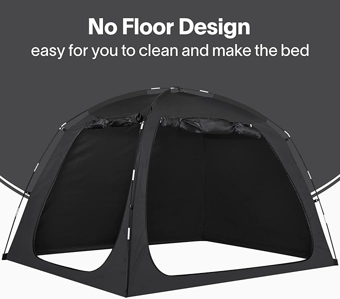 EighteenTek Bed Canopy with Lights, Sleeping Dream Full Bed Tent, Portable Cottage Drafty Room Blackout Breathable Privacy Big Indoor Tents for Girls & Boys Bedroom Decor, Black