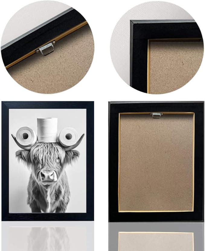 Funny Highland Cow Bathroom Wall Art with Toilet Paper on Head, Humorous Farmhouse Sign for Bathroom Decor, Rustic Black Framed Canvas Print for Restroom Toilet, Ready to Hang 8x10 Inch