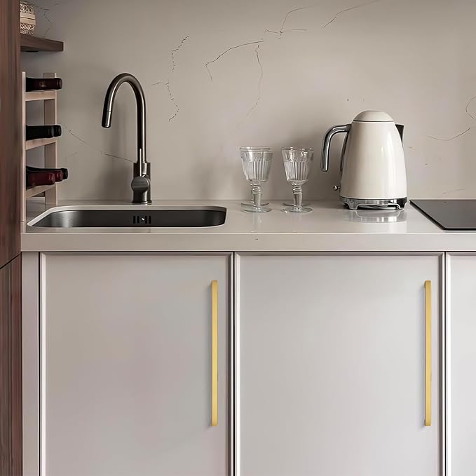 Ravinte 10 Pack 10 Inch Solid Square Cabinet Pulls - Brushed Brass Handles for Kitchen Cabinets & Drawers