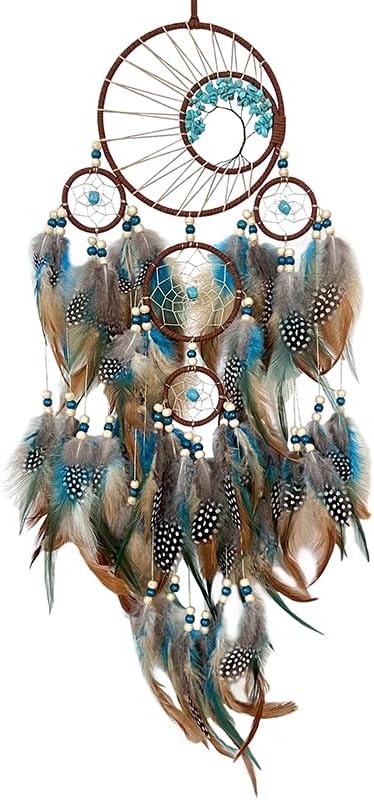 Pretty Jolly Brown Blue Feather Large Dream Catchers Wall Decor with Chakras Tree of Life Crystal Stone Ornament Handmade Dreamcatchers for Adult Boys Girls Bedroom Party Birthday Bless Gift-5Rings