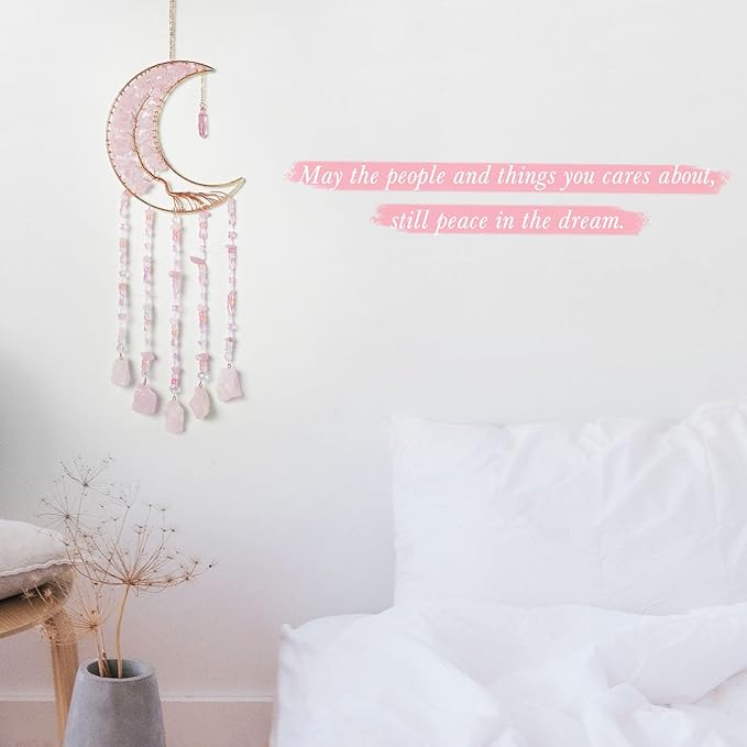 Fairy Pink Quartz Gemstone Dream Catcher 7 Chakras Tree of Life Moon Dream Catcher with Healing Crystal Stones Handmade Dreamcatcher Wall Decor for Adults Boys Girls,Bedroom,Wedding,Garden,Bless Gift