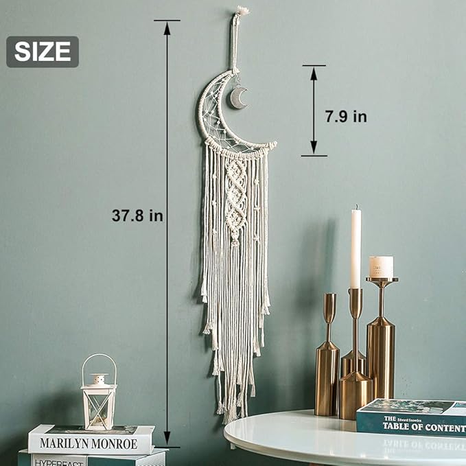 MOONFLY Dream Catcher with Handmade Moon Star Design Woven Cotton Dream Catchers Boho Macrame Wall Hanging Home Decoration Ornament Craft Gift (White Moon)