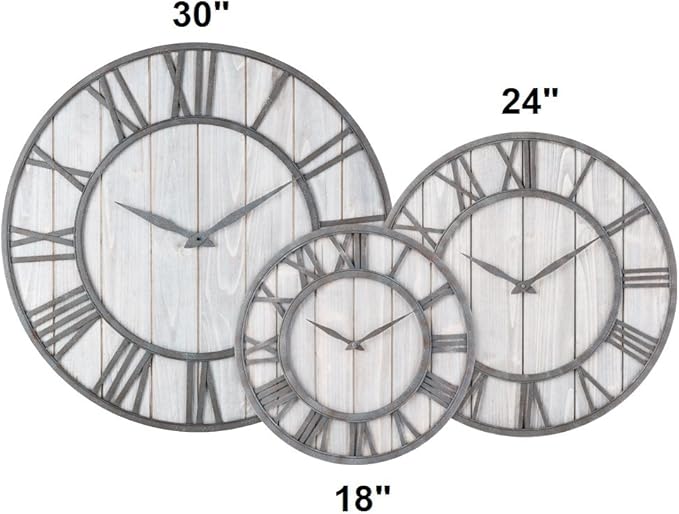 Oldtown Farmhouse Metal & Solid Wood Noiseless Wall Clock (Whitewash, 18-inch)