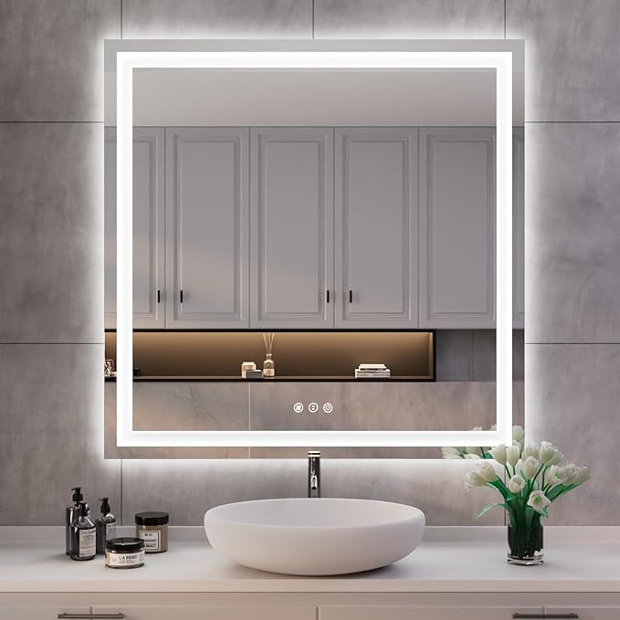ISKM 38'' x 38'' LED Mirror for Bathroom Lighted Vanity Mirror for Wall Front Lights + Backlit LED Bathroom Mirror Anti-Fog Tempered Glass ETL Listed
