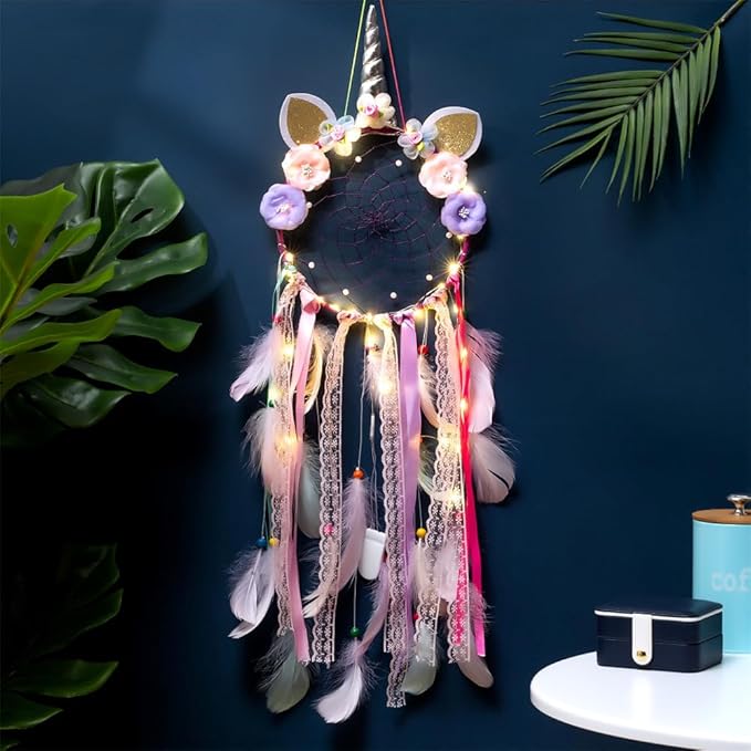 LED Lighted Up Unicorn Dream Catcher Wall Decor Colorful Feather Dreamcather Wall Hanging for Girls Kids Bedroom Decoration (Purple with Light)