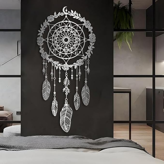 Maclou Metal Dream Catcher Wall Decor, Metal Feather Wall Art, Boho Dream Catcher Wall Decor for Living Room, Bedroom, Girls Room (Black,53x25 inch / 135x63 cm)