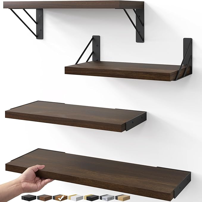 BAYKA Floating Shelves for Wall, Book Shelf for Bedroom, Decor Shelves for Living Room Kitchen, Mounted Wood Floating Shelf for Home Decor, Corner Shelf for Bathroom, Office(Dark Brown,Set of 4)
