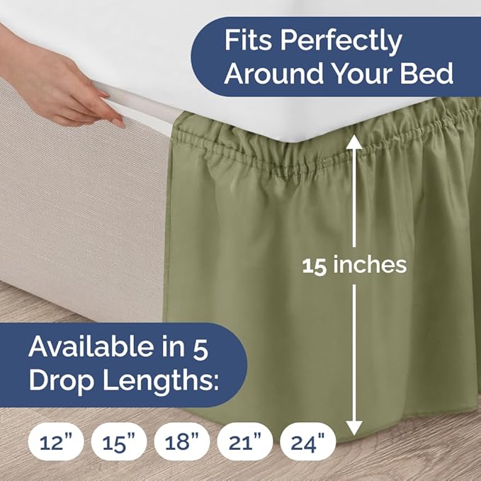 Wrap Around Dust Ruffle Bed Skirt - Sage Green - for King Size Beds with 15 Inch Drop - Elastic Strap - Adjustable Pleated Bedskirt with Brushed Fabric and Wrinkle Free - for Women, Men, Kids & Teens