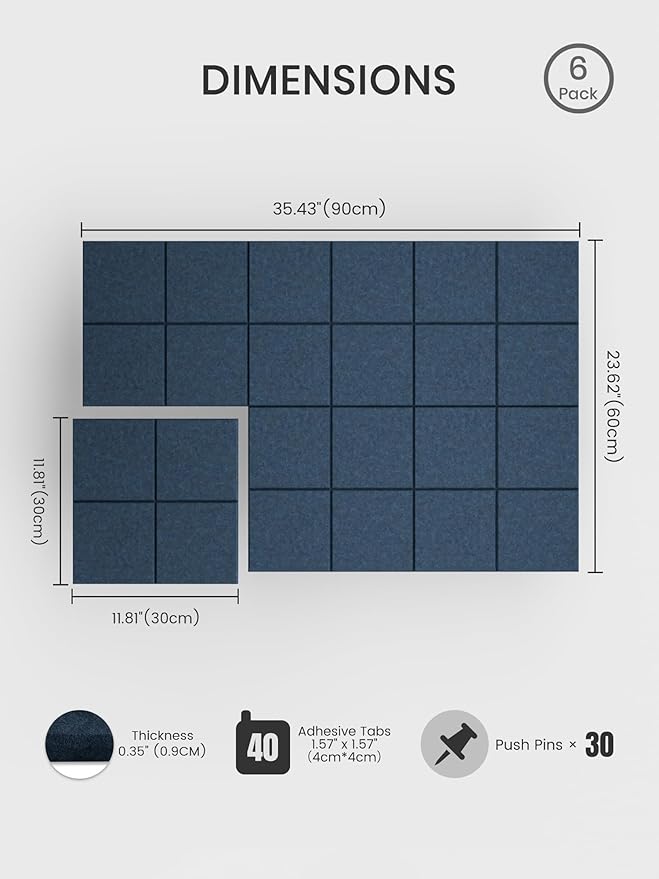 Bumusty Large Felt Bulletin Board, 36" x 24" Cork Board Alternative, 6-Pack Wall Tiles with 4-Compartment Design, 30 Push Pins, 40 Adhesive Tabs, Ideal for Office & Home Decor, Navy Blue